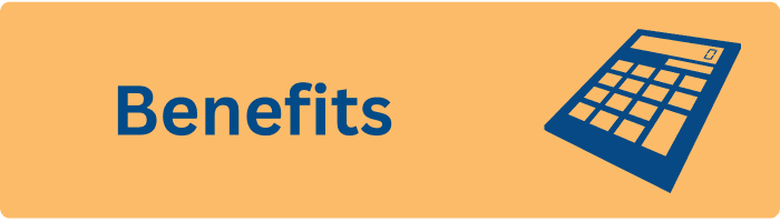 Yellow background with blue icon for calculator and text Benefits