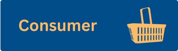 Blue background with yellow icon of a shopping basket and yellow text says consumer