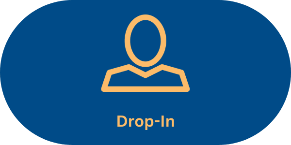 Blue background with yellow outline of a head and shoulders with the text Drop-In