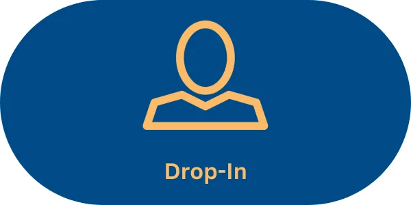 Blue background with yellow outline of a head and shoulders with the text Drop-In