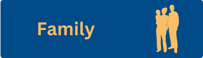 Blue background with yellow silhouette of parents with child and yellow text says Family