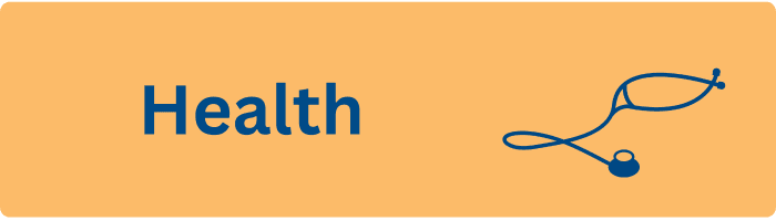 Yellow background with blue icon of stethoscope and text says Health
