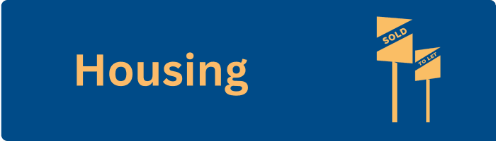Blue background with yellow silhouette of for sale and to let boards and yellow text says Housing