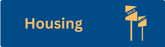 Blue background with yellow silhouette of for sale and to let boards and yellow text says Housing