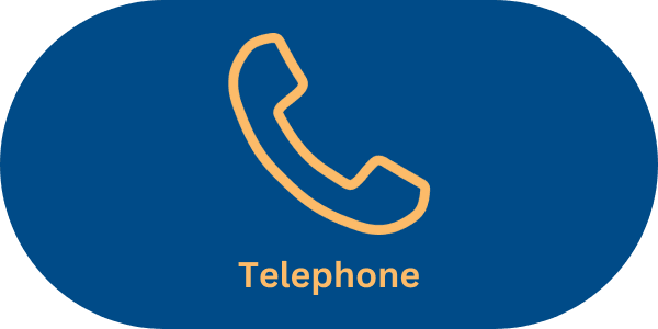 Blue background with yellow outline of a phone receiver and the text Telephone