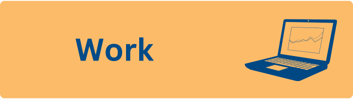 Yellow background with blue icon of laptop and text says work